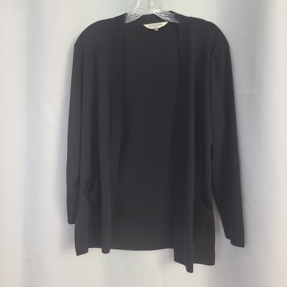 Exclusively Misook Sz L Petite Black Open Front Shoulder Pads Office Cardigan